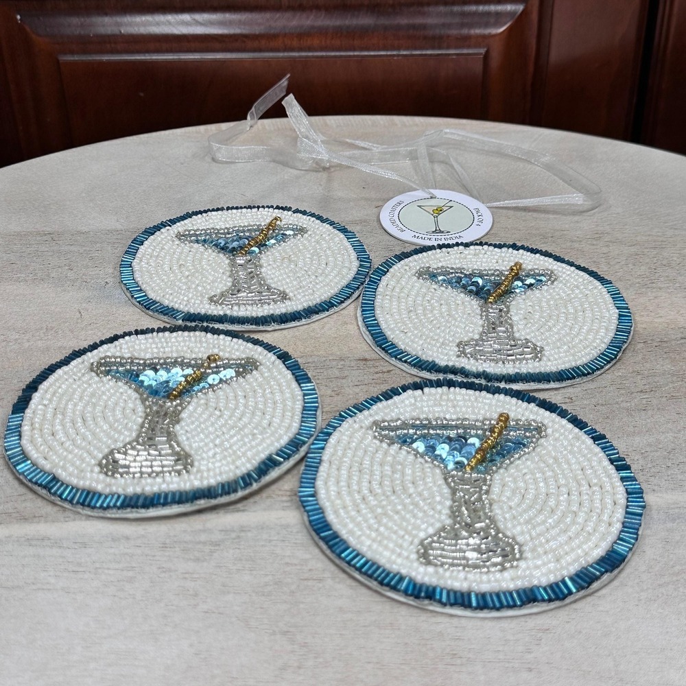 Handmade Beaded Martini Coaster Set Teal White Glass Bead Barware Decor - Picture 7 of 9